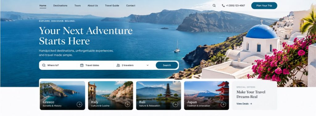 website template with travel photography and booking elements