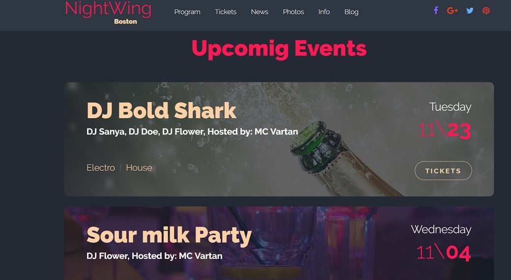 How to make a night club website - events