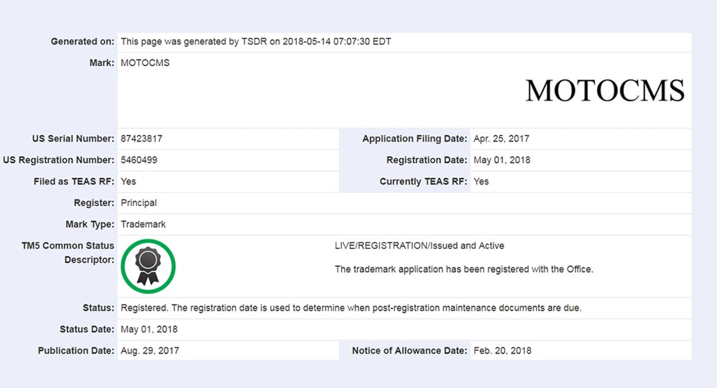 MotoCMS Trademark registration process