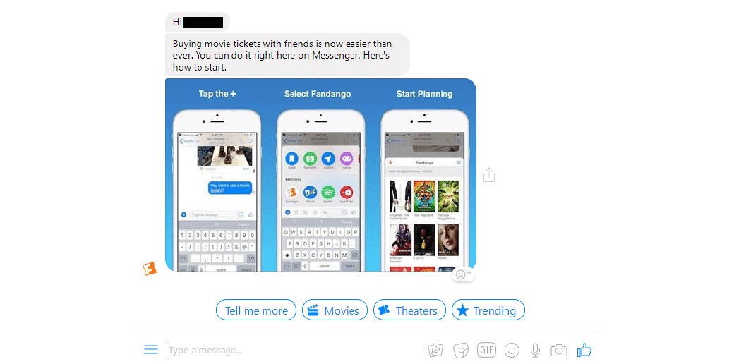 Fandango tickets via messaging apps for business