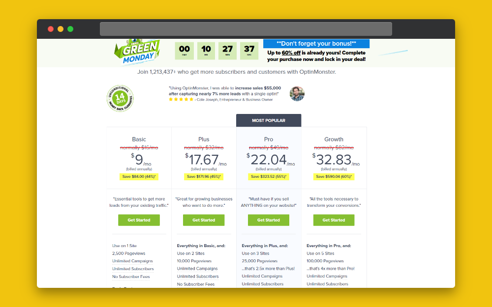 OptinMonster tiered-pricing example