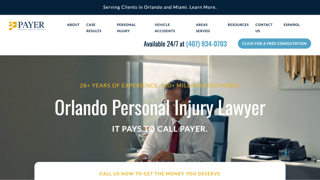Screenshot of Payer Personal Injury Lawyers’ lead generation landing page