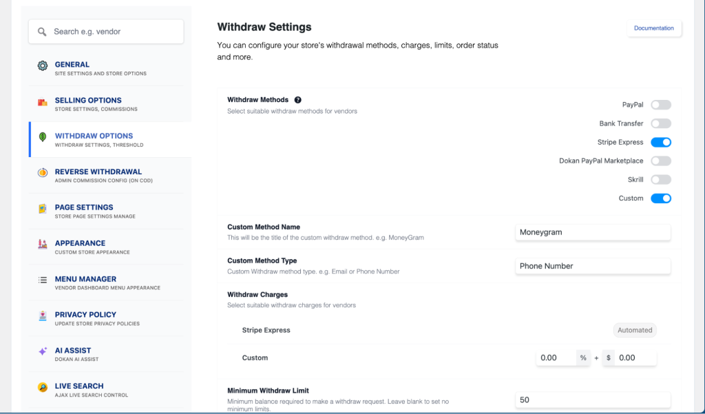 Enable Withdraw Methods for Vendors