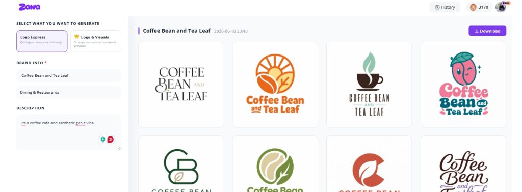 AI-generated logo concepts with matching colors and typography