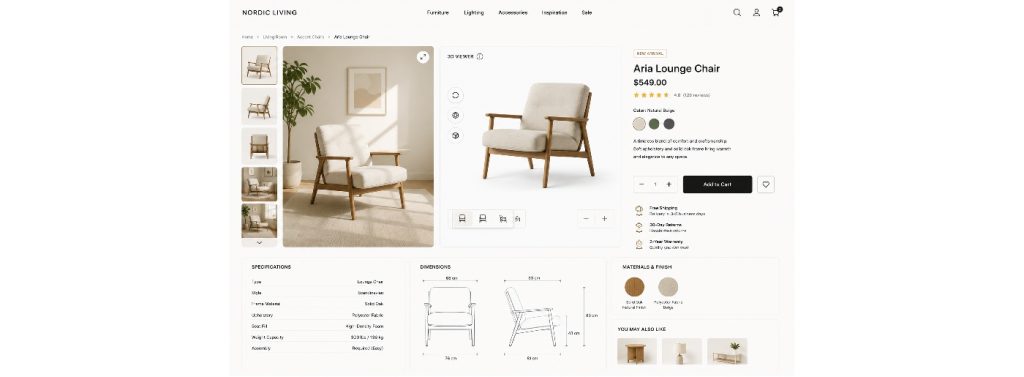 Product page combining photos, specifications, dimensions, and an interactive 3D viewer