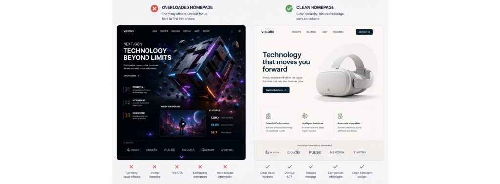 Comparison of an overloaded homepage and a clean website layout using 3D content effectively