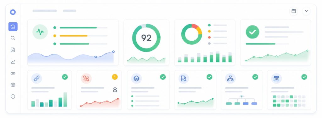 Website dashboard monitoring technical SEO and site health metrics