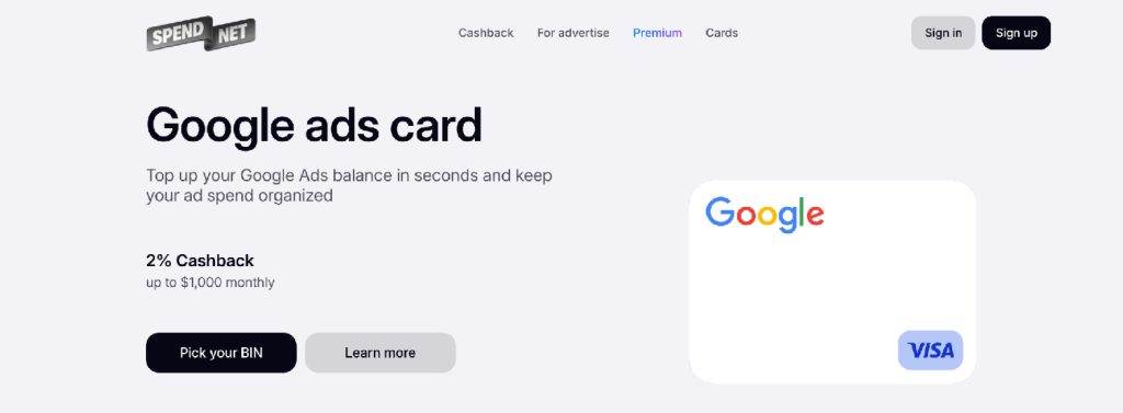 Spend.net virtual cards with multiple advertising BINs and cashback for Google Ads campaigns