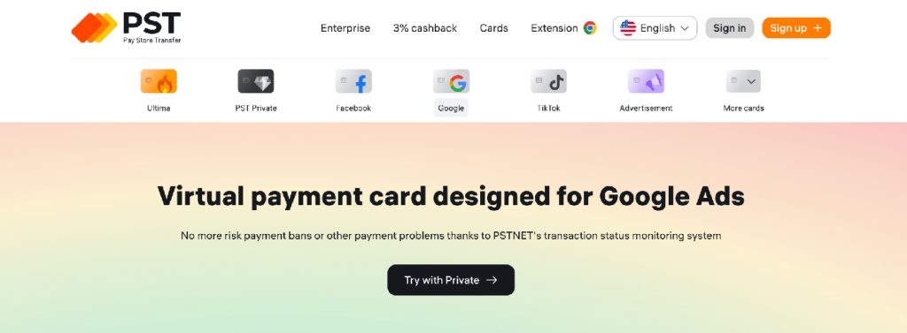 PSTNET virtual cards organized for Google Ads, Facebook Ads, and TikTok Ads payment management
