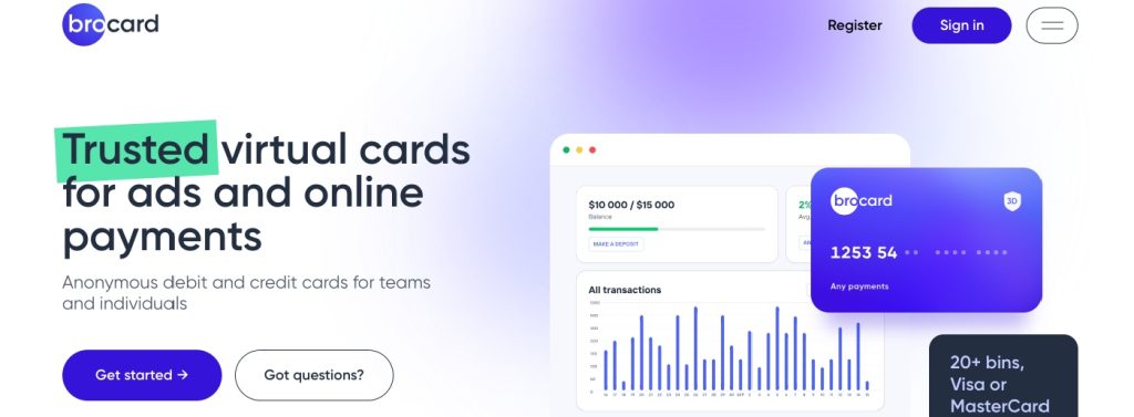 Agency payment dashboard with Mybrocards virtual cards, API integration, and advertising account management