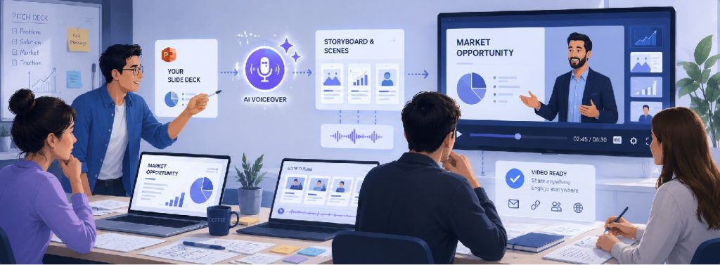 Business team creating an AI-powered narrated presentation from a pitch deck