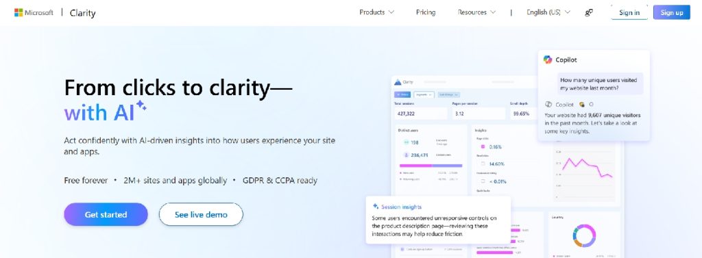 Microsoft Clarity homepage