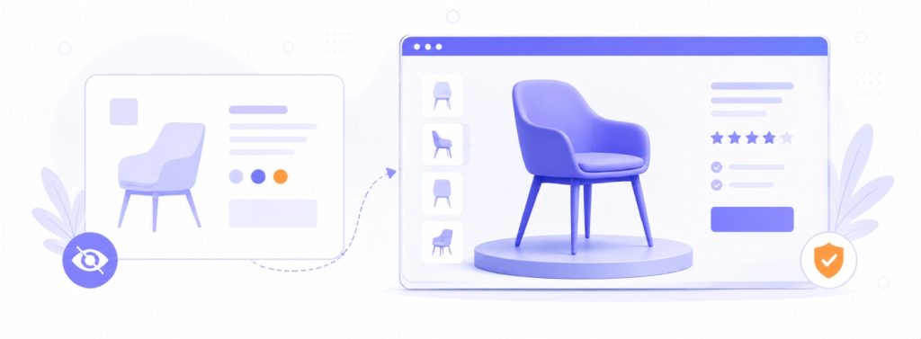 Interactive 3D product presentation with visual details and customer trust elements