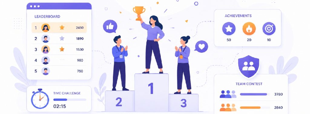 Gamified learning competition with a leaderboard, achievement badges, and team challenges
