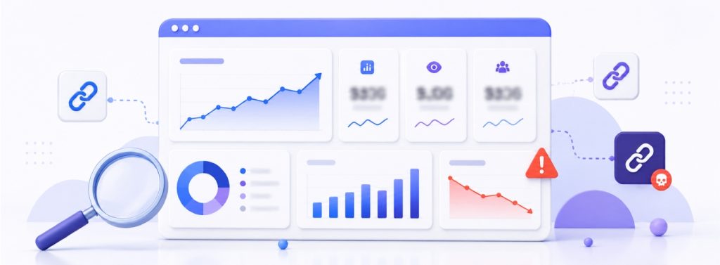 Marketing dashboard showing performance metrics and backlink risks
