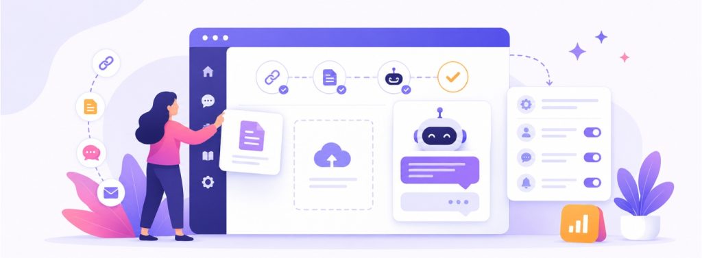 AI chatbot setup dashboard with website content, settings, and configuration steps
