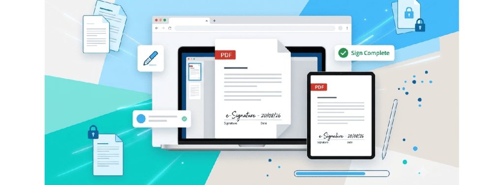 Browser-based PDF signing interface with digital signature and security icons