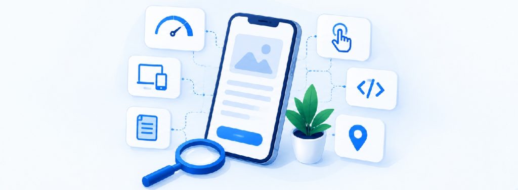 Mobile SEO concept with smartphone, speed, navigation, and search optimization icons