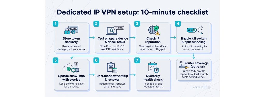 Dedicated IP VPN setup and deployment 10-minute checklist flowchart