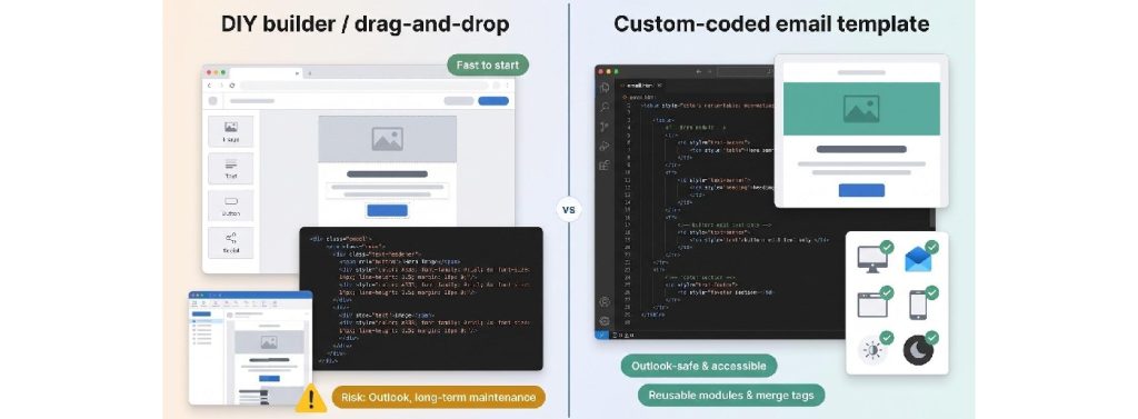 DIY email builder compared with custom-coded email template for Outlook compatibility and accessibility