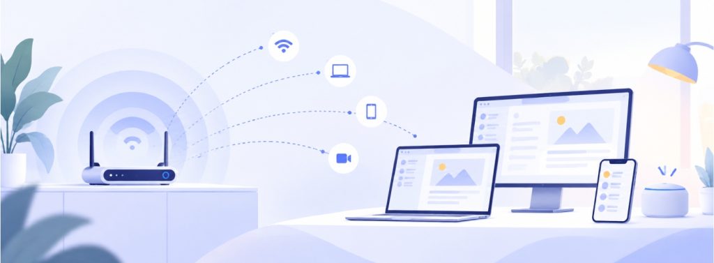 Flat vector illustration of a productive home office with connected digital workspace elements