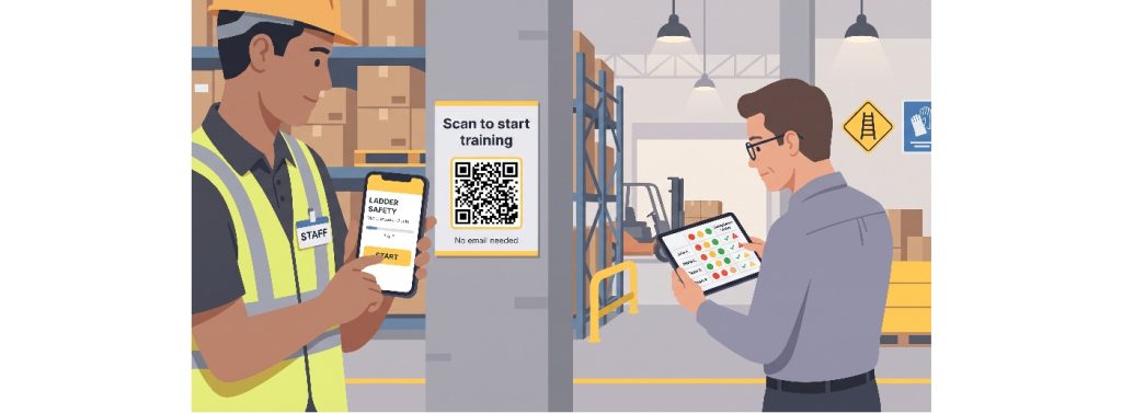Warehouse employees completing mobile safety training using smartphones and tablets.