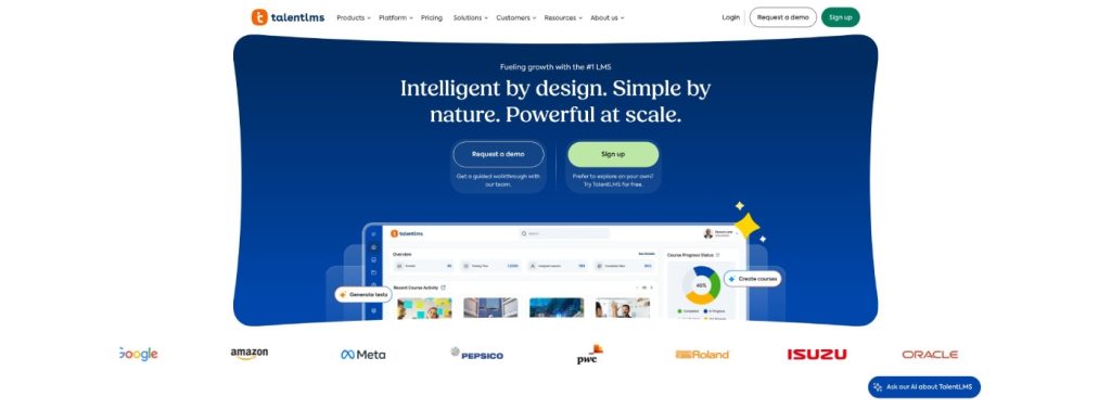 TalentLMS homepage featuring its learning platform dashboard.