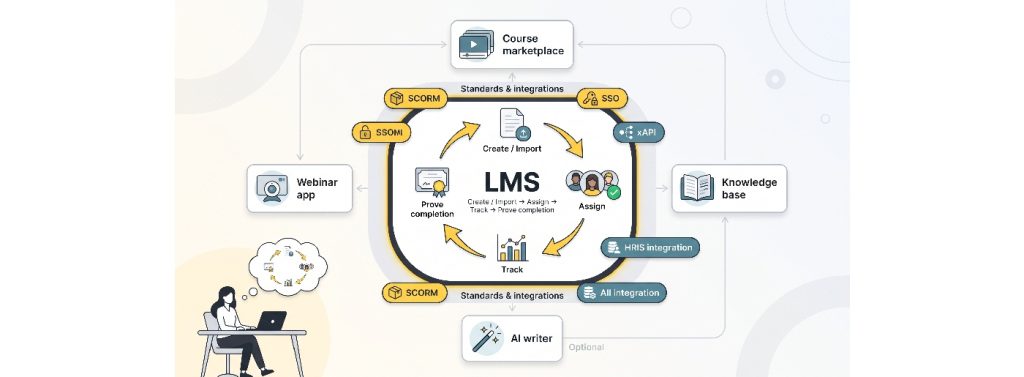 LMS workflow diagram showing course creation, assignments, progress tracking, and integrations.