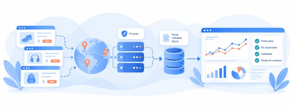 Data collection infrastructure with proxy nodes, database storage, and validated web analytics