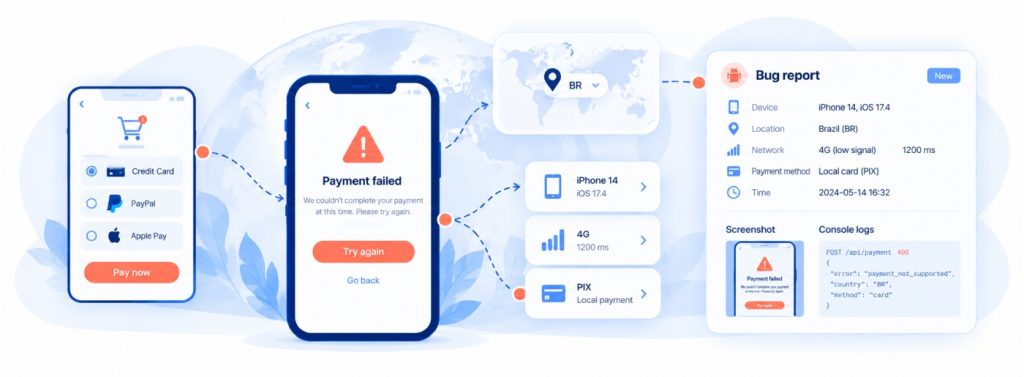 Mobile QA workflow showing a failed checkout, device details, network conditions, and diagnostic logs